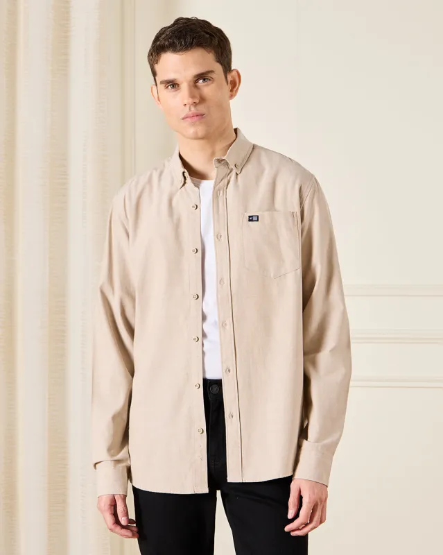 Men Beige Button Down Oxford Shirt sold by Redtag