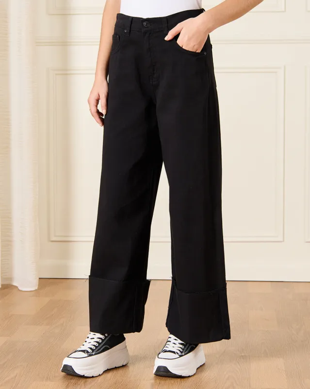 Senior Girls Black Wide leg Folded Hem Jeans sold by Redtag