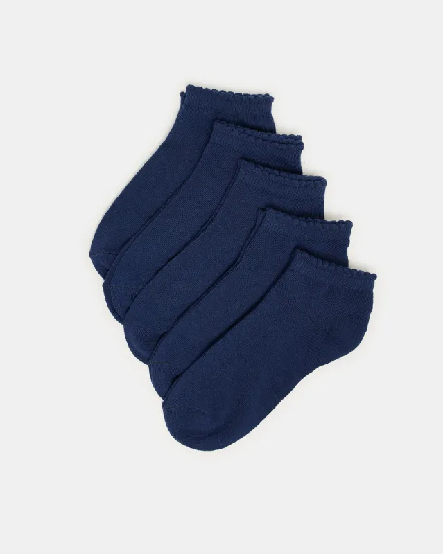 Senior Girls Navy Low Ankle Socks With Scallop Welt Edge (5 Pairs) sold by Redtag