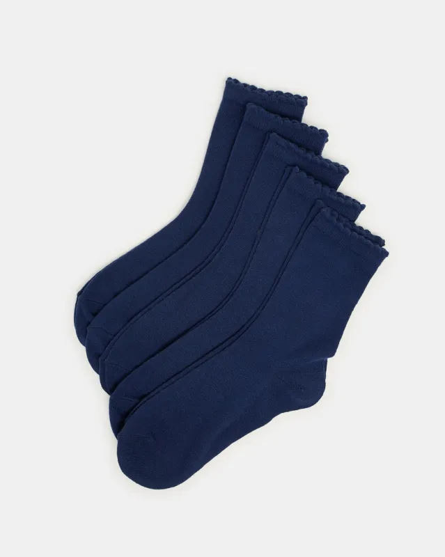 Senior Girls Navy Crew Length Socks With Scallop Welt Edge (5 Pairs) sold by Redtag