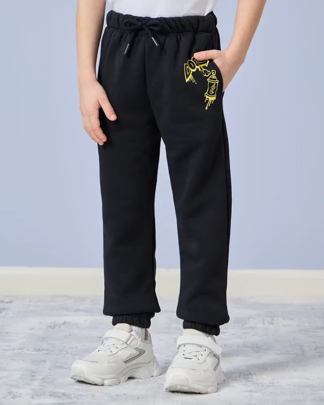 Boys Black Printed Track Pants sold by Redtag