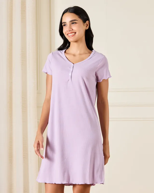 Women Purple Ribbed Night-Shirt sold by Redtag