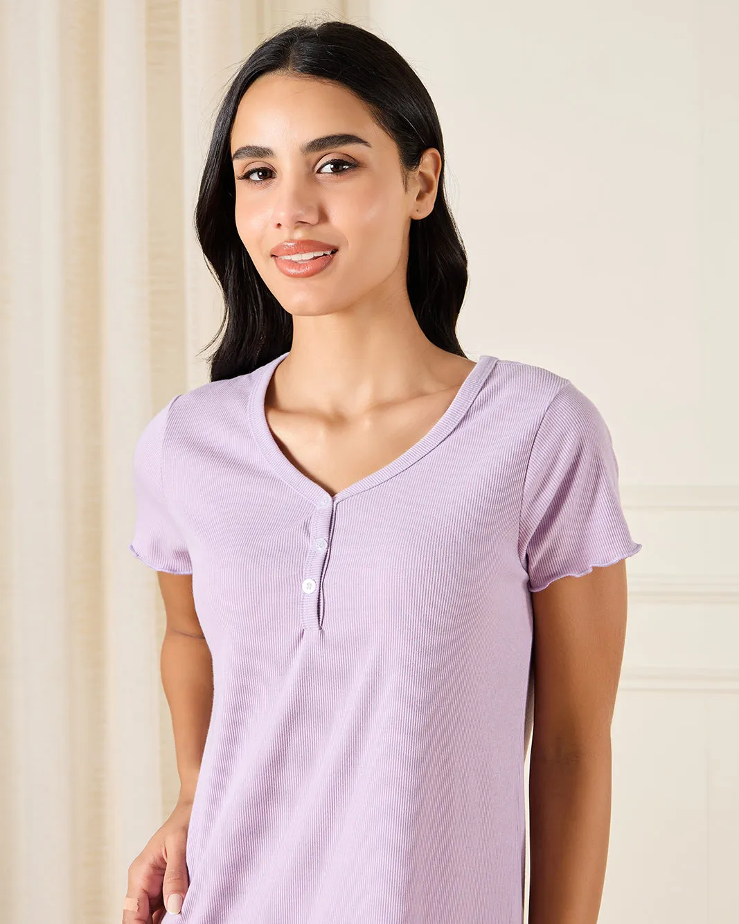 Women Purple Ribbed Night-Shirt sold by Redtag product image thumbnail 4