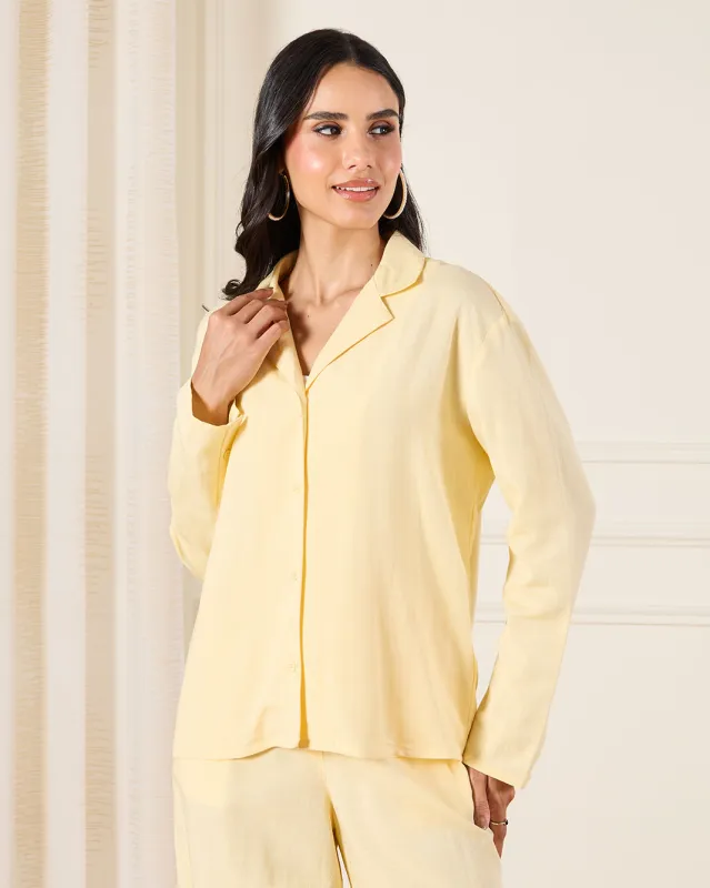 Women Yellow Lapel Linen Blend Shirt sold by Redtag