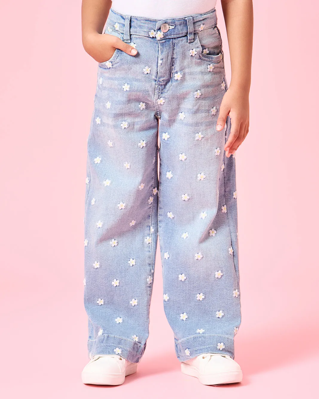 Girls Blue Embroidered Wide Leg Jeans sold by Redtag
