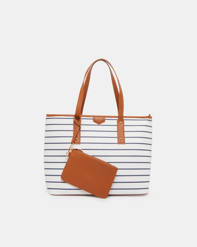 Women White Striped Tote Bag sold by Redtag