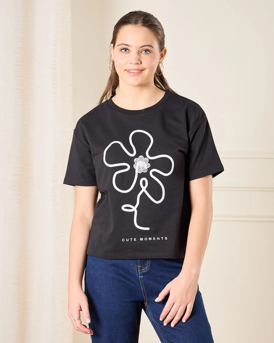 Senior Girls Black Printed T-shirt sold by Redtag