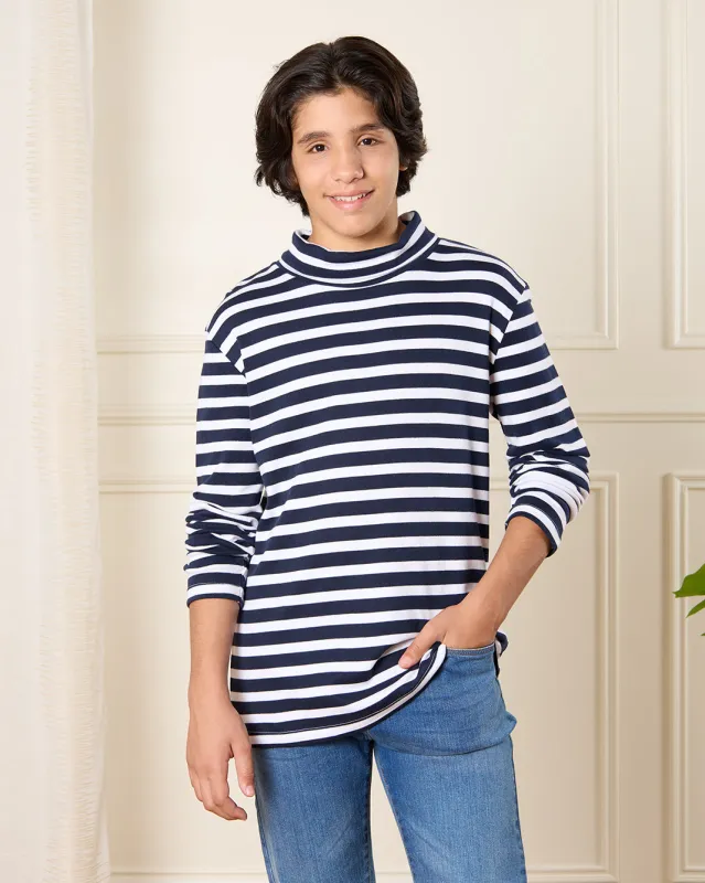 Senior Boys Navy And White Striped T-Shirt sold by Redtag