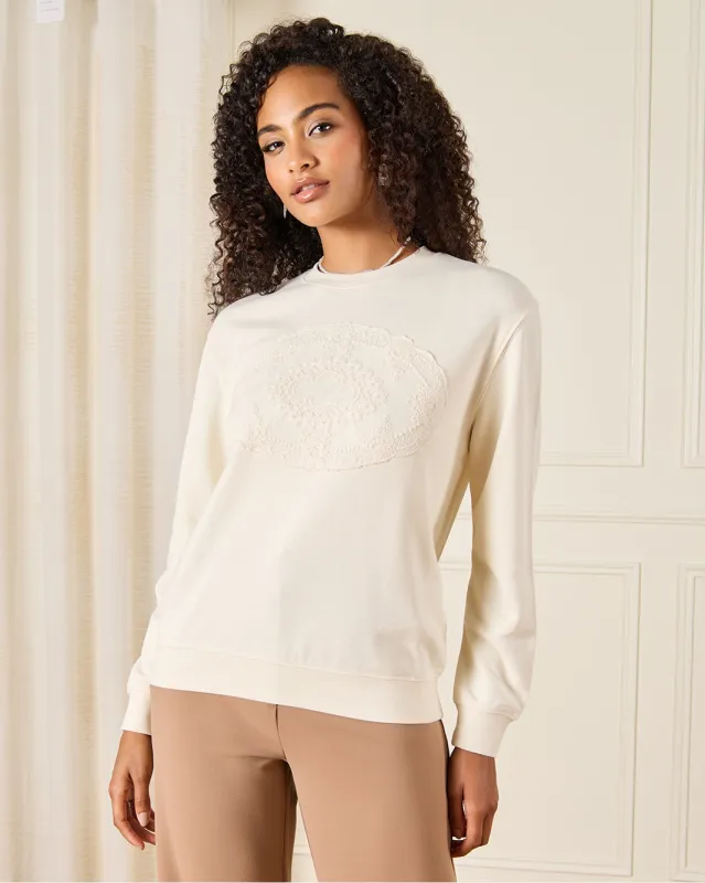 Women Ivory Placement Patch Detailed Sweatshirt sold by Redtag