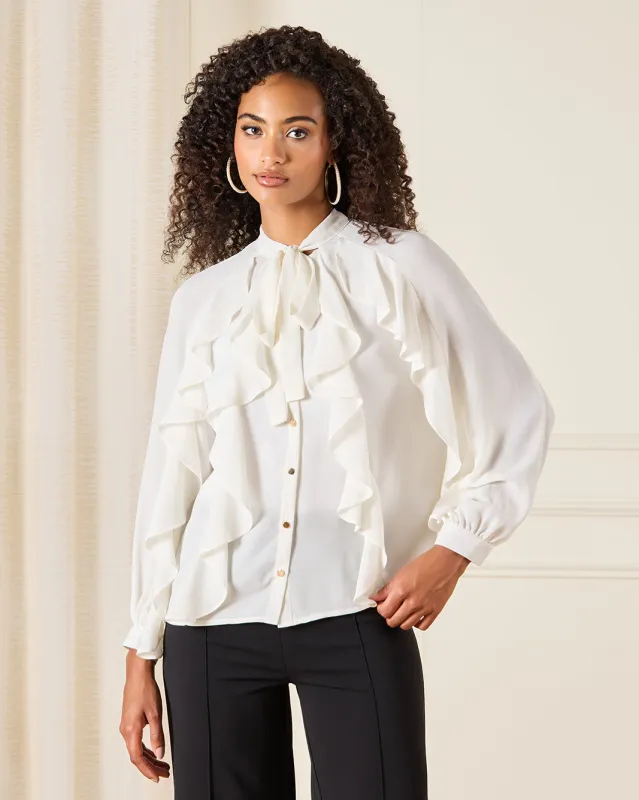 Women White Ruffle Detailed Pussy Bow Blouse made by Redtag