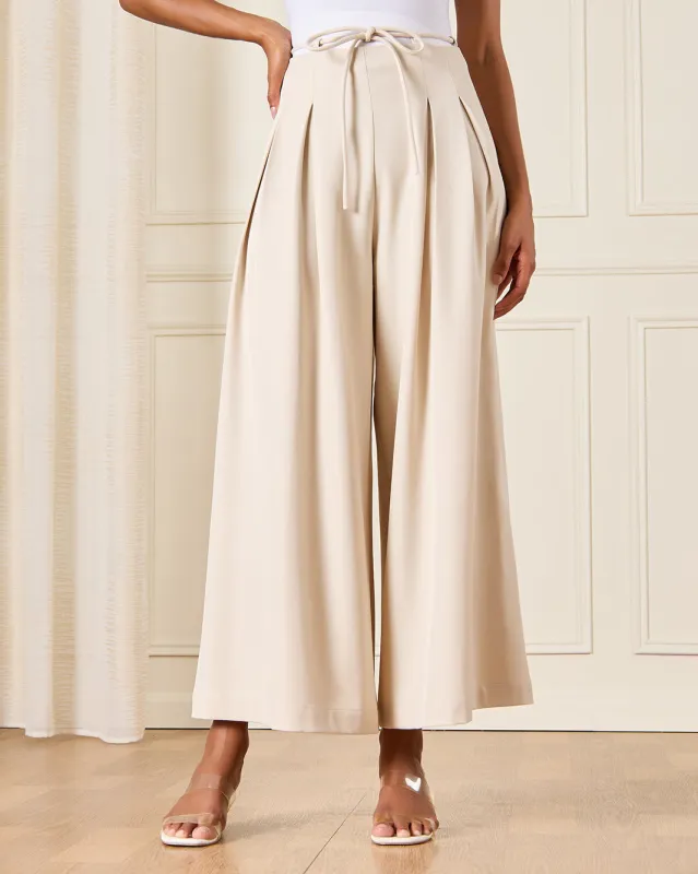 Women Beige Pleated Trousers With Self Fabric Belt sold by Redtag