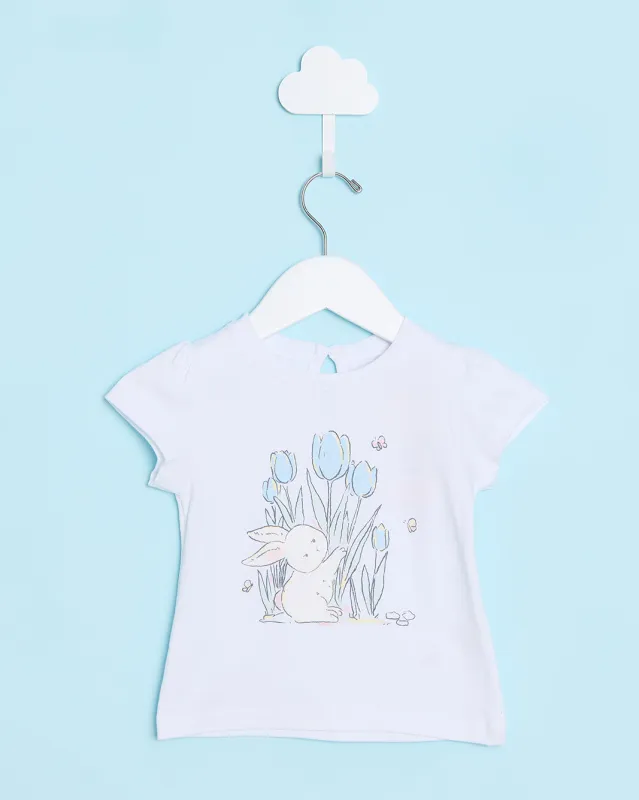 Infant Girls White Bunny Placement Print T-Shirt sold by Redtag