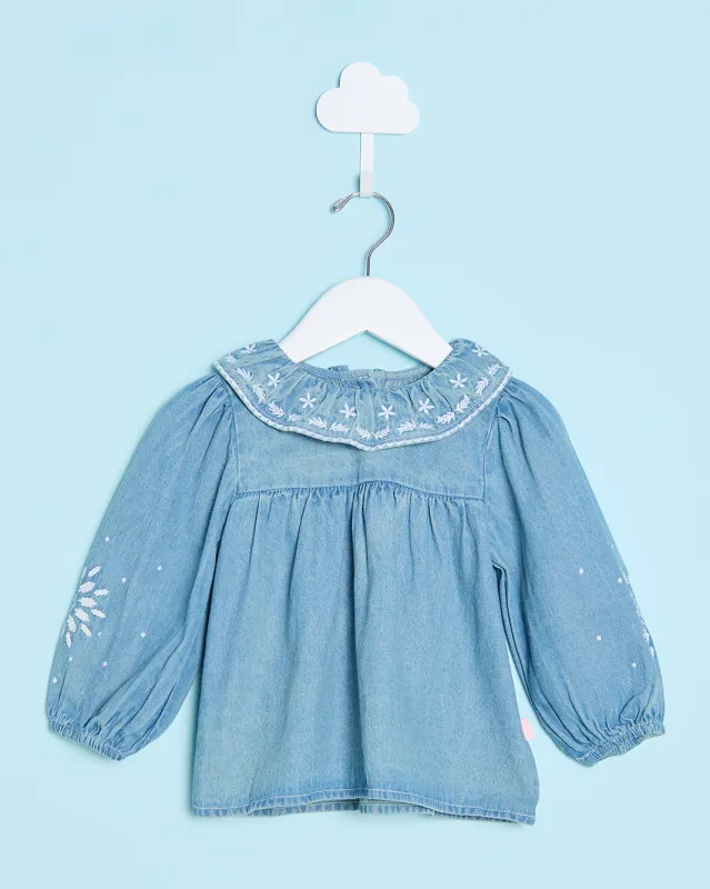 Infant Girls Blue Denim Blouse With Embroidery sold by Redtag