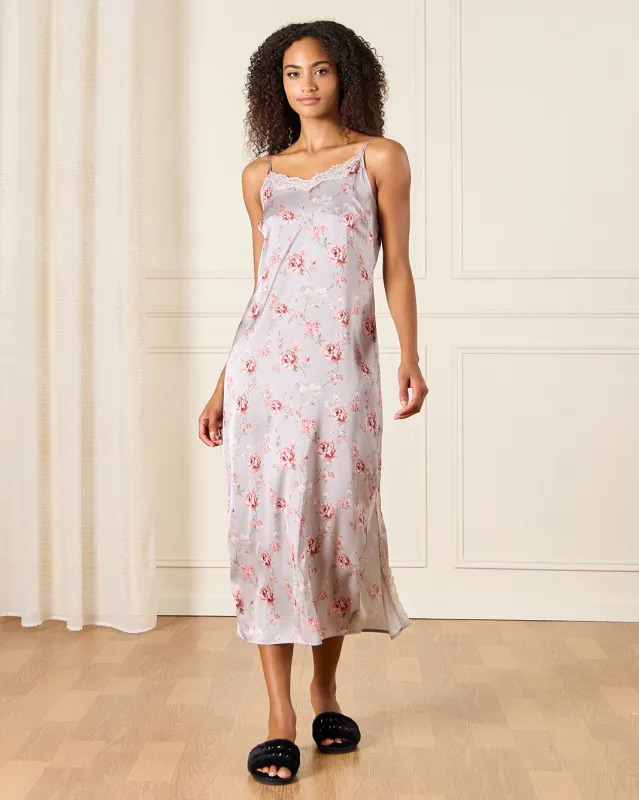 Women Lilac Floral Printed Satin Chemise With Lace Trim sold by Redtag