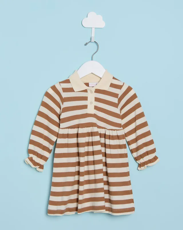Infant Girls Beige And Brown Striped Collared Dress sold by Redtag