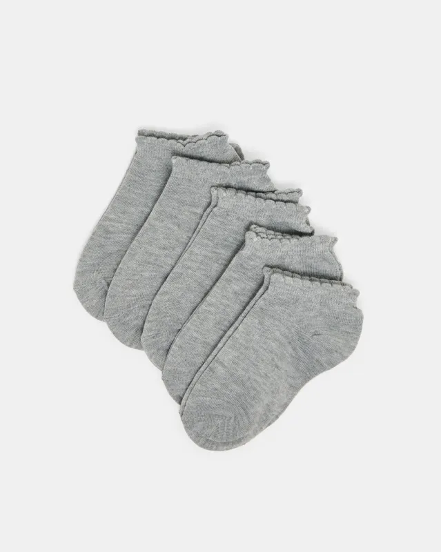 Girls Grey Low Ankle Socks With Scallop Edge Welt(5 Pairs) sold by Redtag
