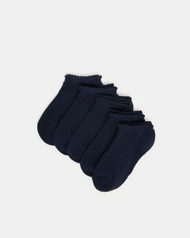 Girls Navy Low Ankle Socks With Scallop Edge Welt(5 Pairs) sold by Redtag