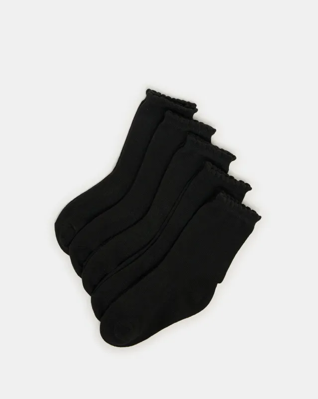 Girls Black Crew Ankle Socks With Scallop Edge Welt(5 Pairs) sold by Redtag