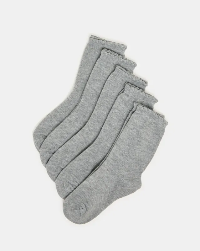 Girls Grey Crew Ankle Socks With Scallop Edge Welt(5 Pairs) sold by Redtag