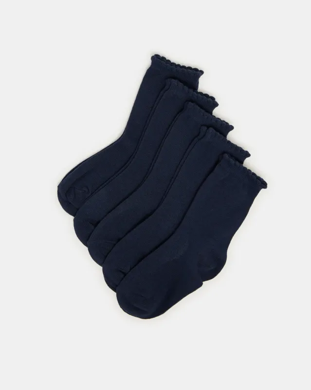 Girls Navy Crew Ankle Socks With Scallop Edge Welt (5 Pairs) sold by Redtag