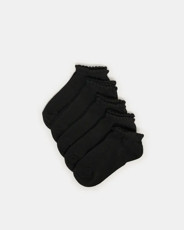 Girls Black Low Ankle Socks With Scallop Edge Welt (5 Pairs) sold by Redtag