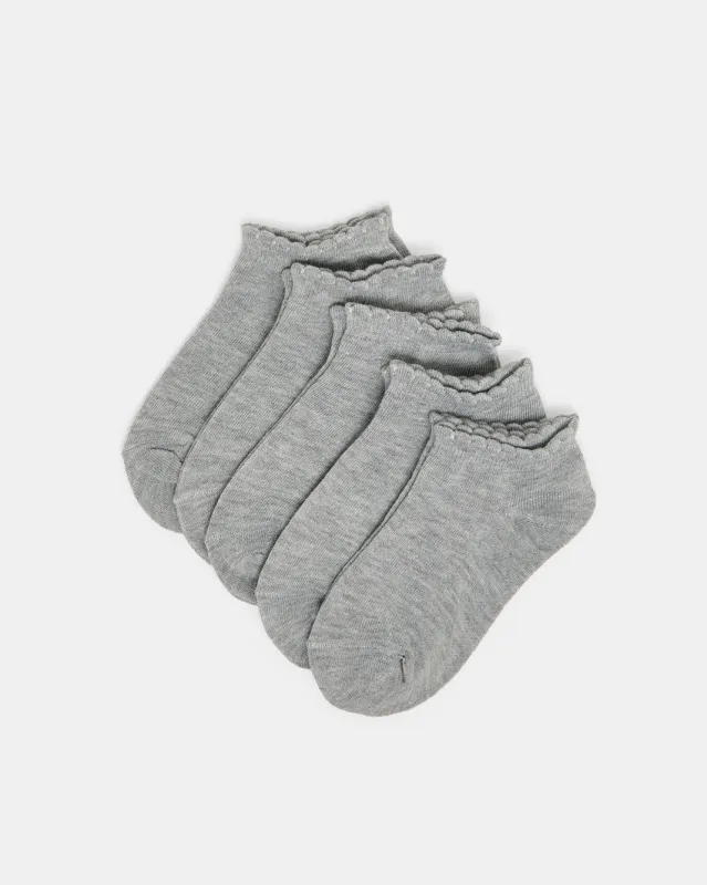 Girls Grey Low Ankle Socks With Scallop Edge Welt (5 Pairs) sold by Redtag