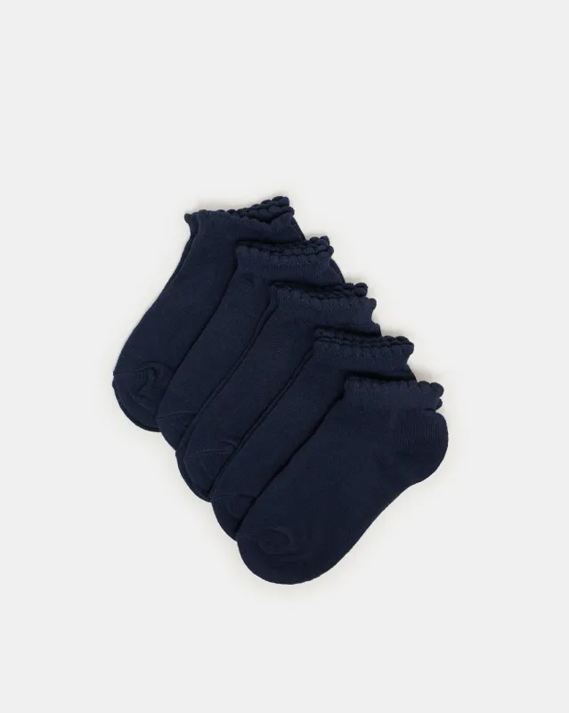 Girls Navy Low Ankle Socks With Scallop Edge Welt (5 Pairs) sold by Redtag