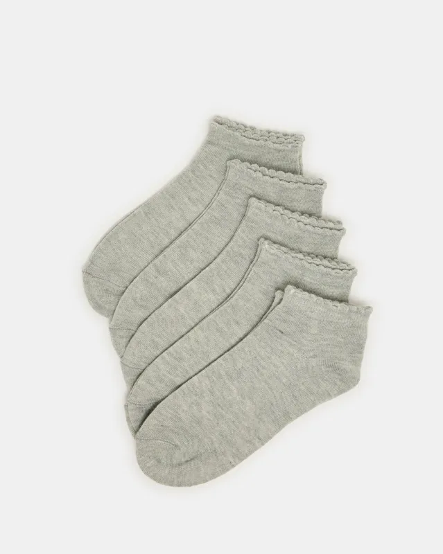Senior Girls Grey Low Ankle Socks With Scallop Welt Edge (5 Pairs) sold by Redtag