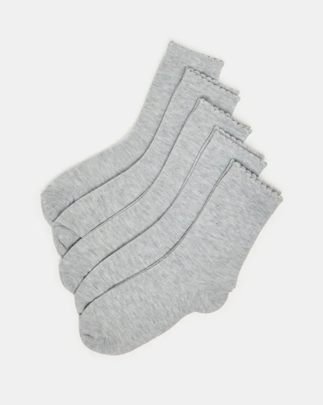 Senior Girls Grey Crew Length Socks With Scallop Welt Edge  (5 Pairs) sold by Redtag