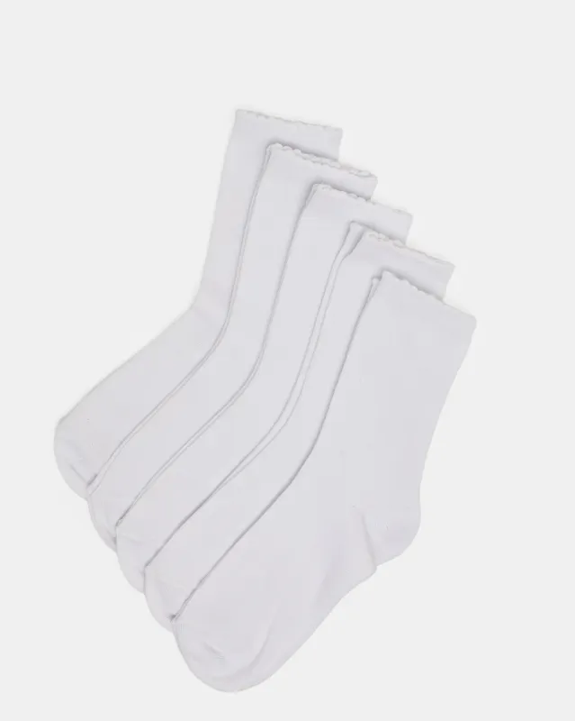 Senior Girls White Crew Length Socks With Scallop Welt Edge (5 Pairs) sold by Redtag