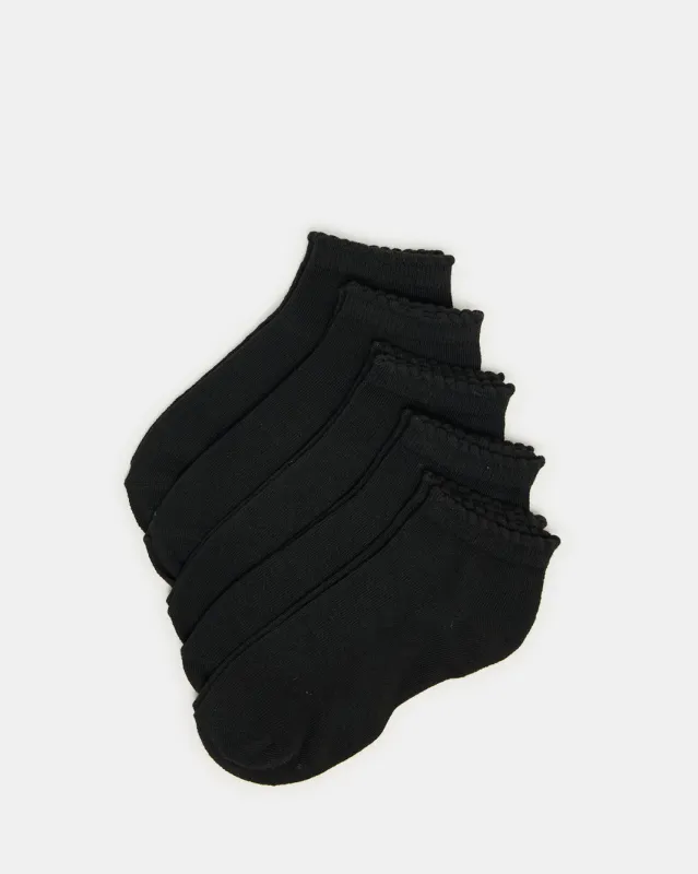 Senior Girls Black Low Ankle Socks With Scallop Welt Edge  (5 Pairs) sold by Redtag