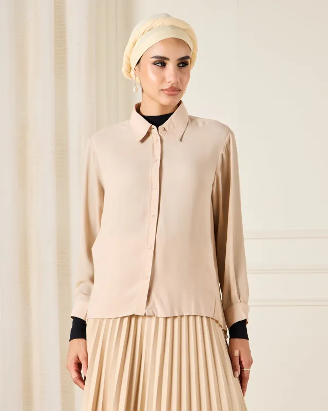 Women Beige Button Front Blouse With Pleated Back Detail sold by Redtag