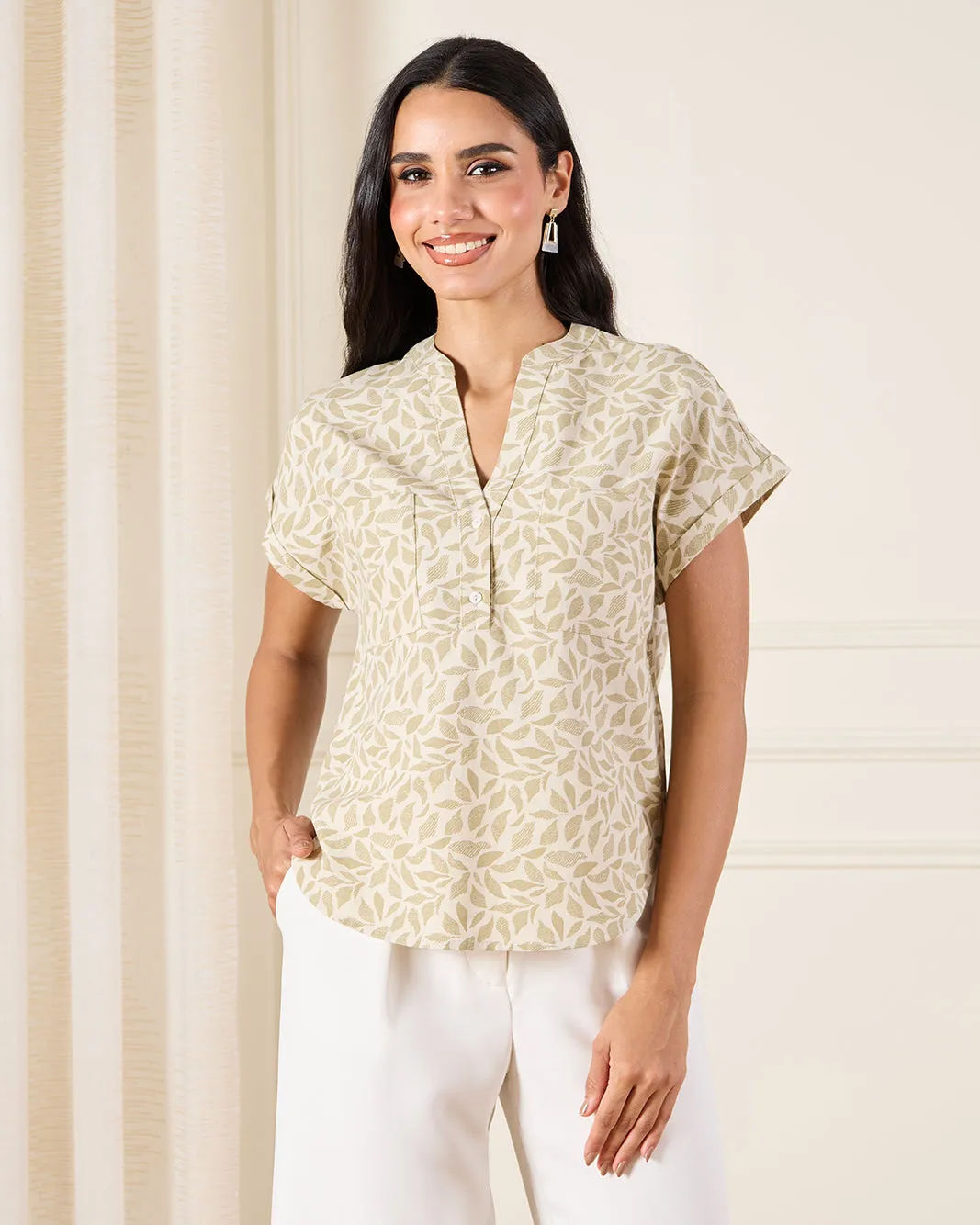 Women Beige Printed Linen Blend Top sold by Redtag