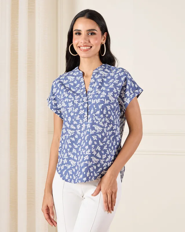 Women Blue Printed Linen Blend Top sold by Redtag