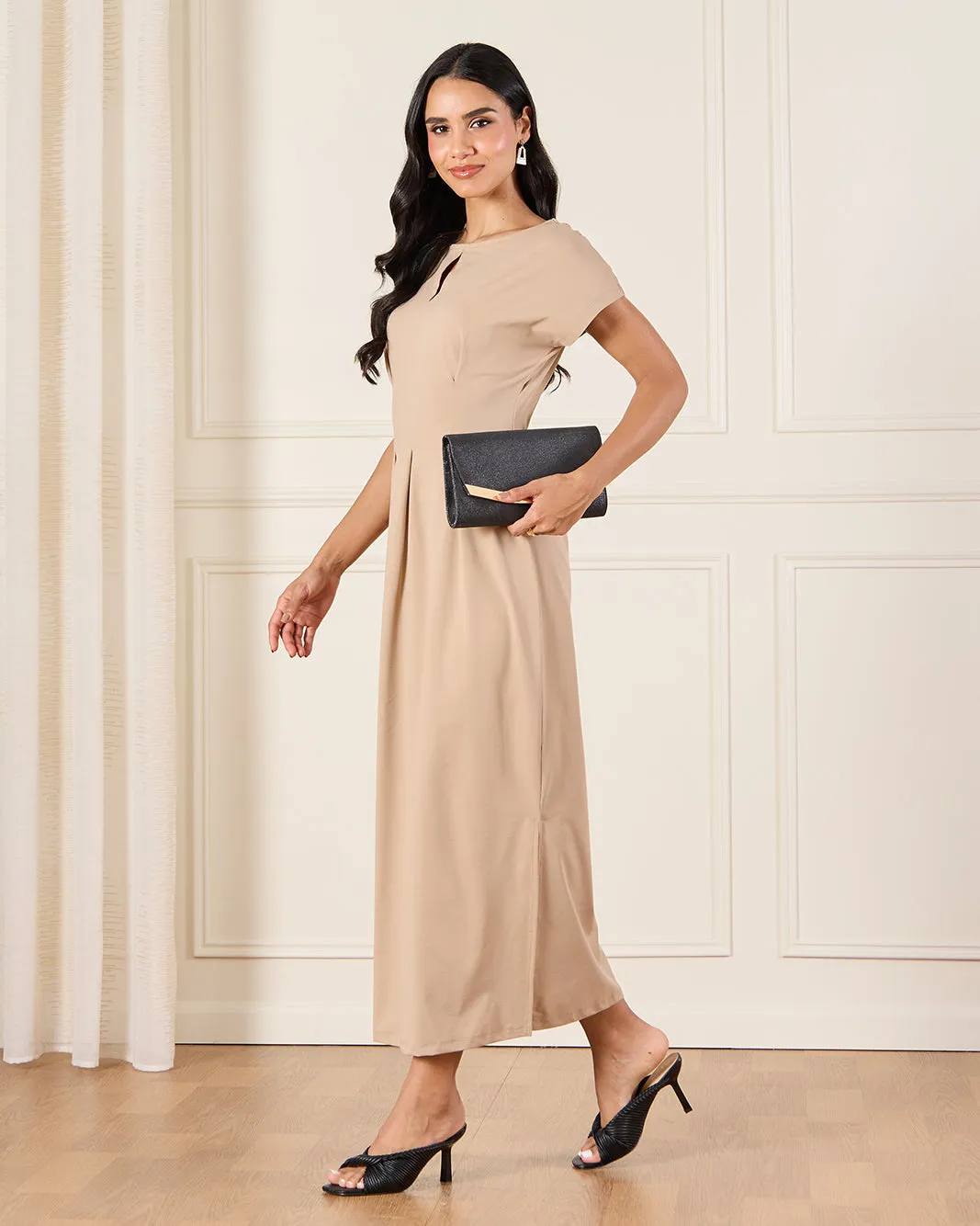 Women Beige Pleated Detailed Dress sold by Redtag