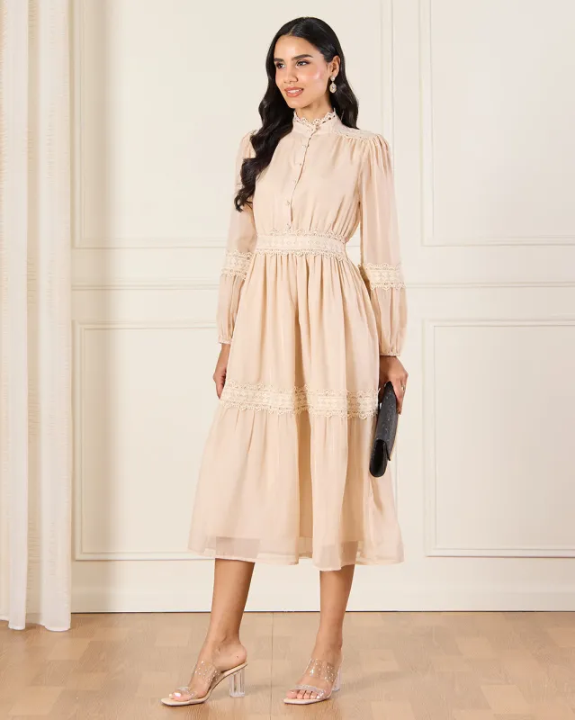 Women Beige Lace Trim Detailed Belted Dress sold by Redtag