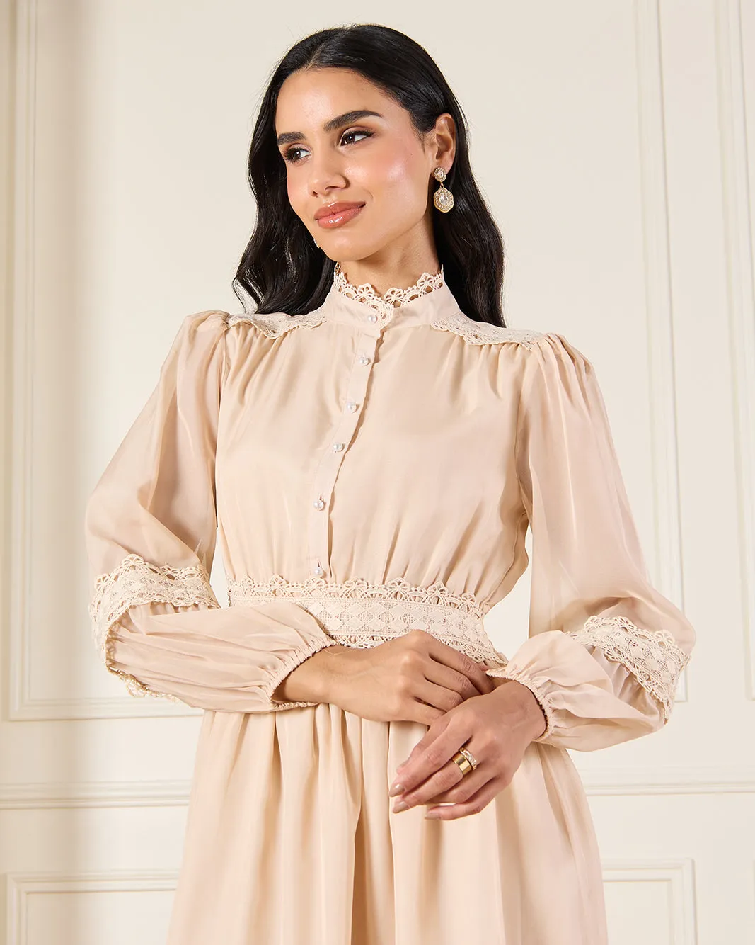 Women Beige Lace Trim Detailed Belted Dress sold by Redtag product image thumbnail 2