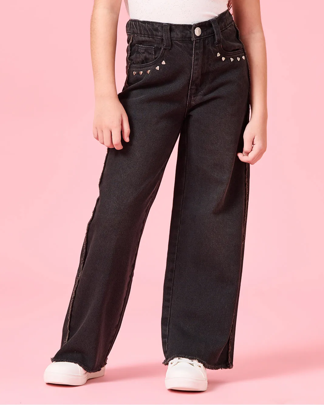 Girls Black Wide leg Embellished With Studs Jeans sold by Redtag
