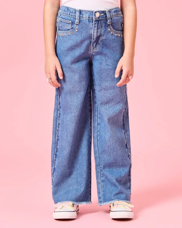 Girls Blue Wide leg Embellished With Studs Jeans sold by Redtag