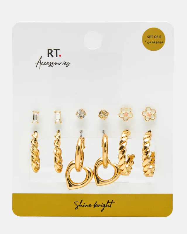 Women Gold Embellished Earring Set (6 Pairs) sold by Redtag