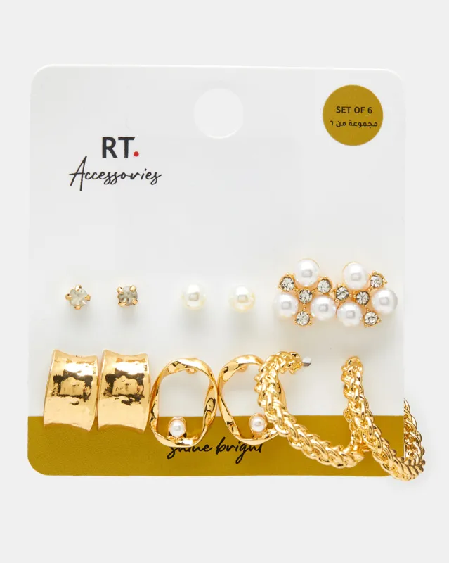 Women Gold Embellished Earring Set (6 Pairs) sold by Redtag
