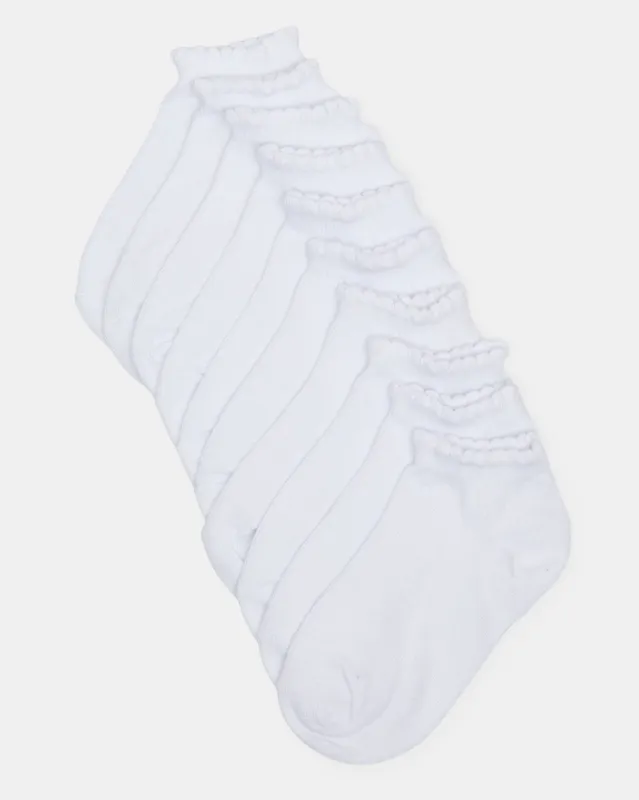 Girls White  Low Ankle Socks With Scallop Edge Welt (5 Pairs) sold by Redtag