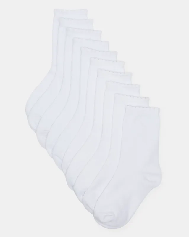Girls White Crew Ankle Socks With Scallop Edge Welt (10 Pairs) sold by Redtag