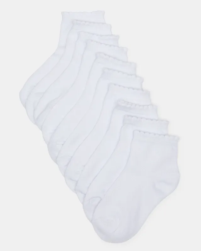 Girls White High Ankle Socks With Scallop Edge Welt(10 Pairs) sold by Redtag