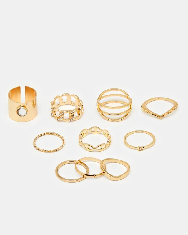 Women Gold Embellished Ring Set (Pack of 8) sold by Redtag