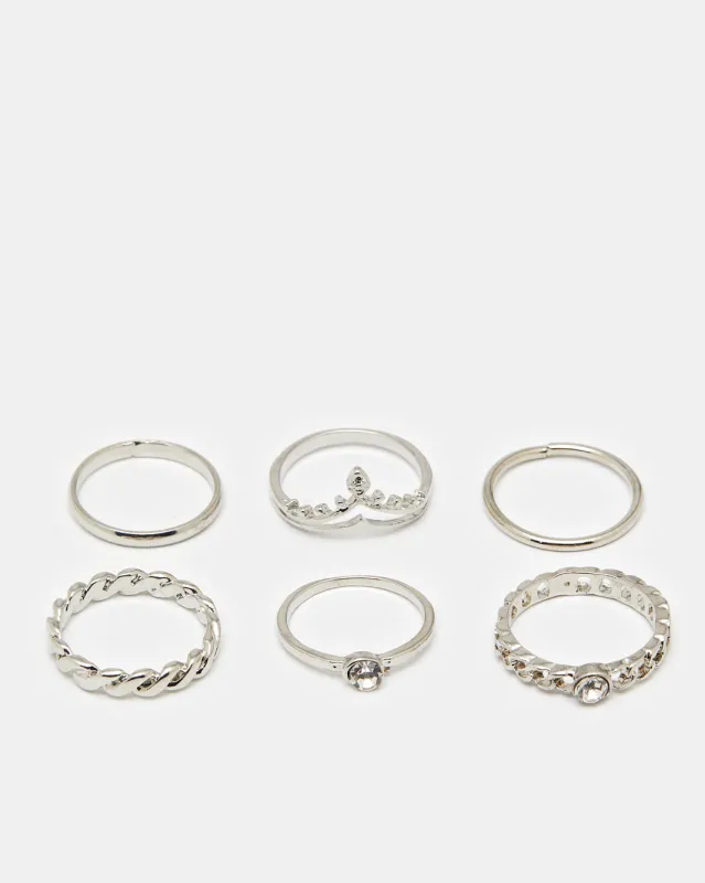 Women Silver Embellished Ring Set (Pack of 6) sold by Redtag