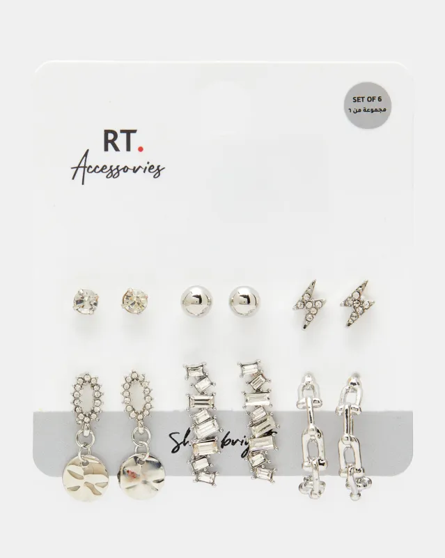 Women Silver Embellished Earring Set (6 Pairs) sold by Redtag