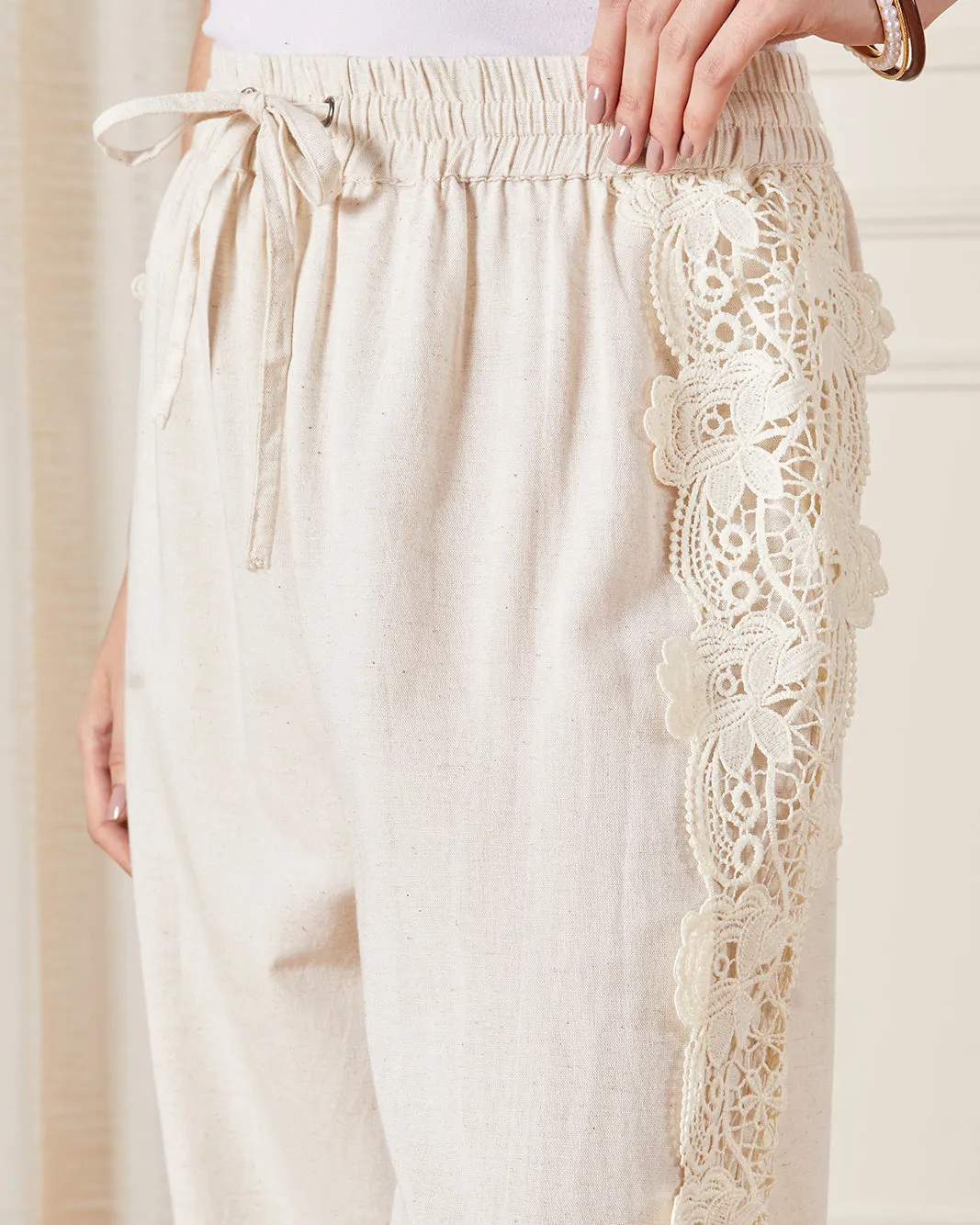 Women Cream Lace Detailed Wide Leg Trousers sold by Redtag product image thumbnail 4