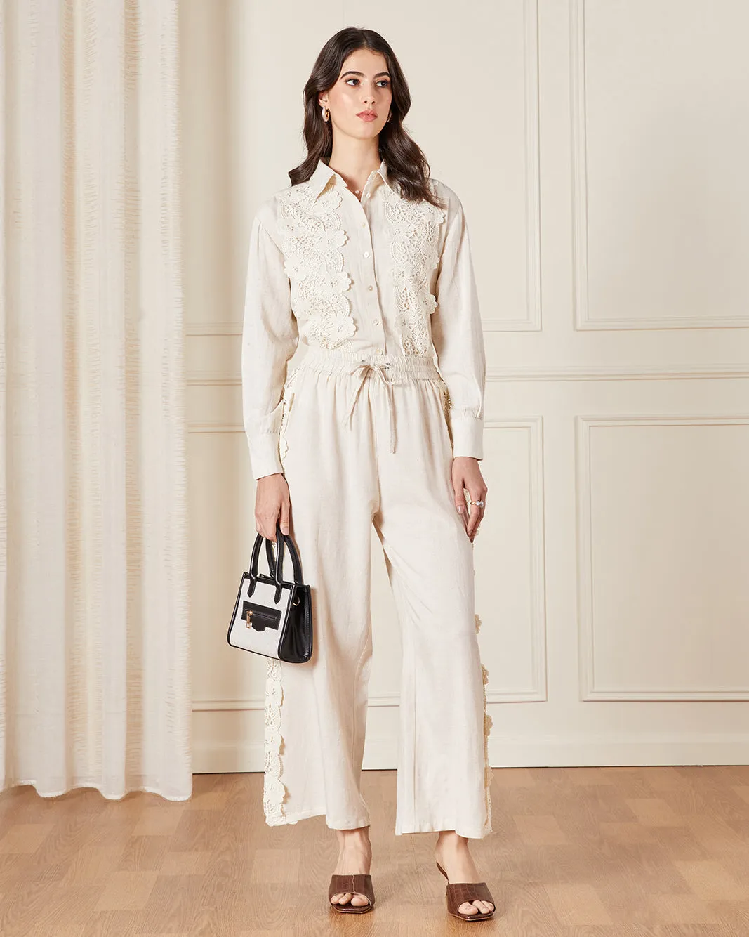 Women Cream Lace Detailed Wide Leg Trousers sold by Redtag product image thumbnail 2