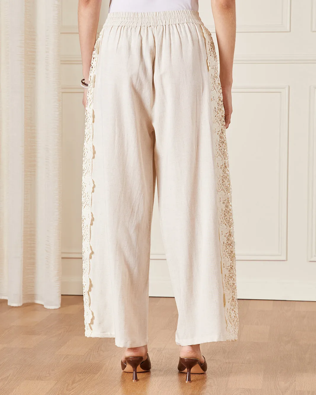 Women Cream Lace Detailed Wide Leg Trousers sold by Redtag product image thumbnail 3
